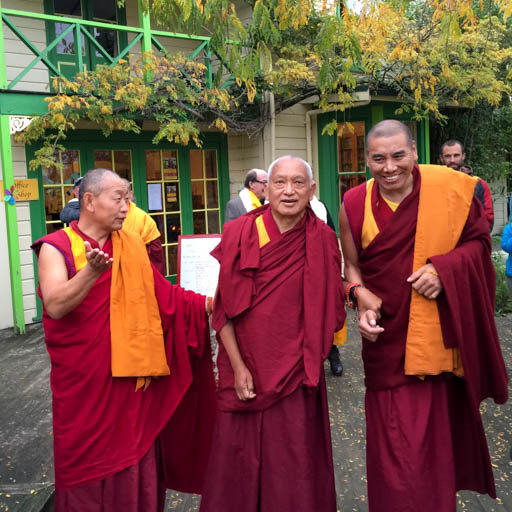Lama Zopa Rinpoche with Geshe Wangchen and Geshe Tharchin at Chandrakirti Centre, New Zealand, May 2015. Photo by Ven. Roger Kunsang.