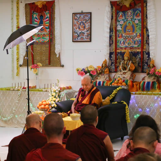 Lama Zopa Rinpoche giving a public talk organized by Choe Khor Sum Ling, Bangalore, India, January 2015. Photo by Ven. Thubten Kunsang.