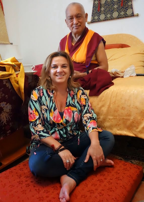 Lama Zopa Rinpoche with Lara Gatto, Italian national coordinator, Italy, June 17, 2014. Photo by Ven. Roger Kunsang.