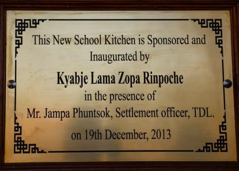 Plaque commemorating the new kitchen at Bylakuppe School for Tibetans, Bylakuppe, Karnataka, India, December 2013. Photo by Ven. Roger Kunsang.