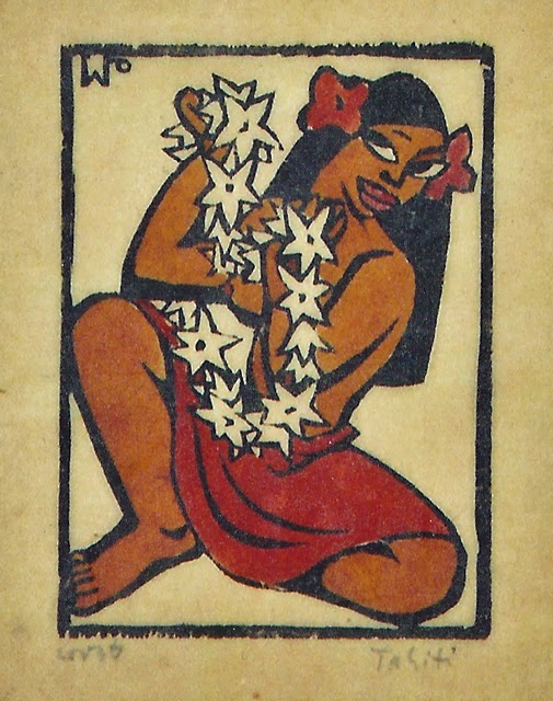Flower girl, hand colored block print, 1947, family-owned