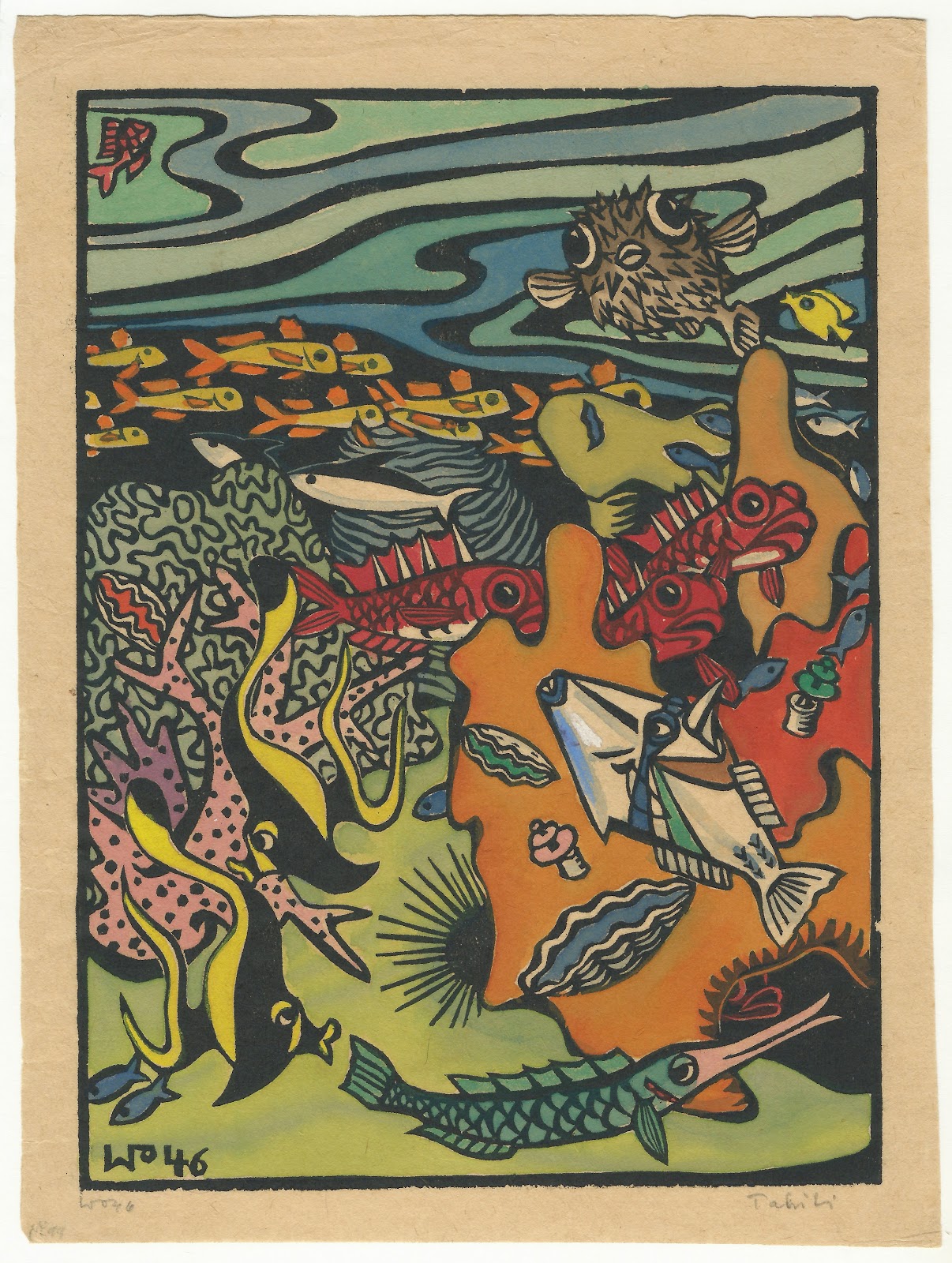 The reef, hand colored block print, 1946, family-owned