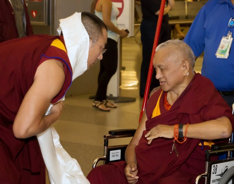 Geshe Sangpo, Kadampa Center assistant teacher, welcoming Lama Zopa Rinpoche, North Carolina, US, April 30, 2014. Photo by David Strevel.