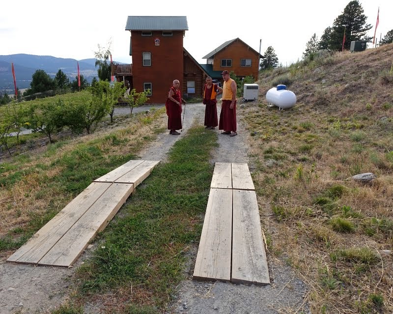 Rinpoche with Vens. Sangpo and Yarpel – the wood planks form a small bridge to protect the many ants that cross the road there – Buddha Amitabha Pure Land, Washington, US, July 2014. Photo by Ven. Roger Kunsang.