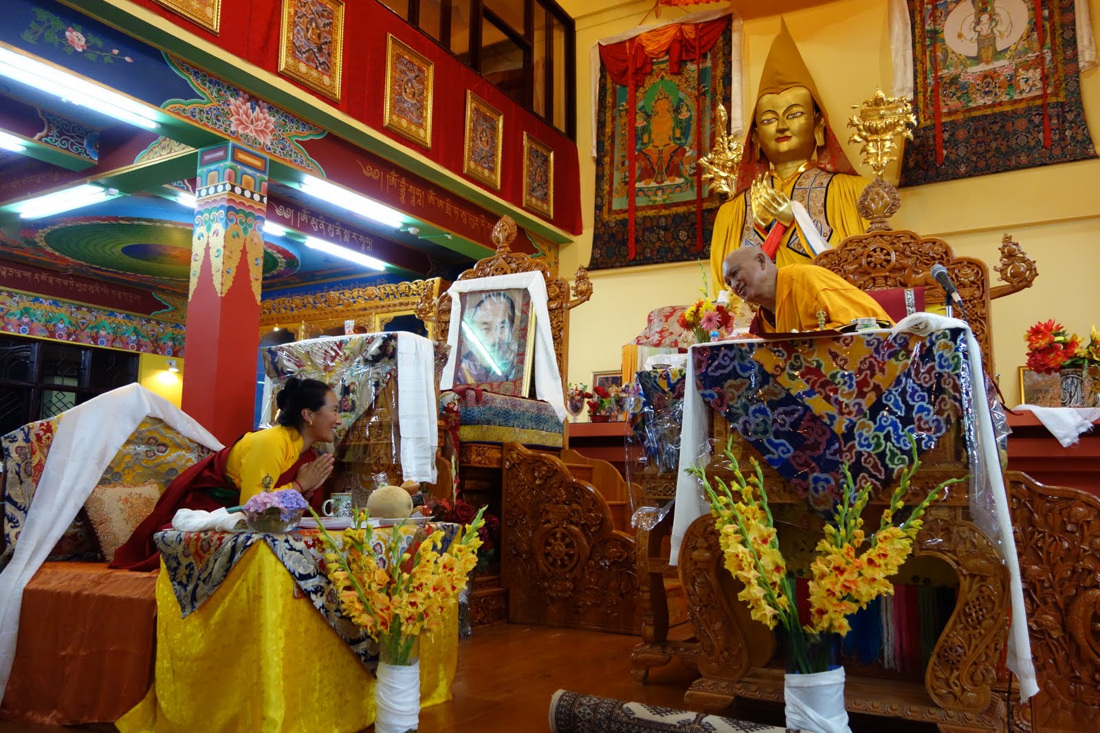 At the end of the Lama Chopa, June 4, 2013, Rinpoche was requesting Khadro-la to give a short talk in Tushita gompa Mcloed Ganj. Photo. Ven.  Roger Kunsang.
