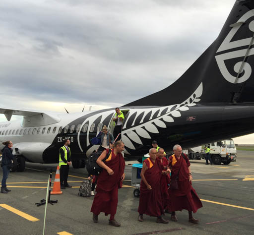 Lama Zopa Rinpoche after landing at Nelson on New Zealand's South Island, May 2015. Photo by Ven. Roger Kunsang.