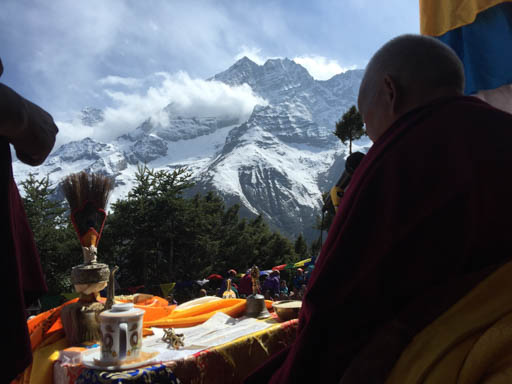 Lama Zopa Rinpoche during the  Amitabha long life initiation at Lawudo Retreat Centre, Nepal, April 2015. Photo by Ven. Roger Kunsang.