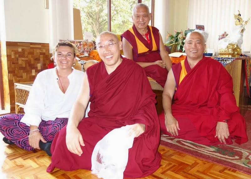 Lama Zopa Rinpoche with Geshe Jampa Gelek and Geshe Tenzin Tenphel (right), the resident geshes at Istituto Lama Tzong Khapa in Italy, and Lara Gatto, the national coordinator for the FPMT Italian National Office; Sera Je Monastery, India, January 2014. Photo by Ven. Roger Kunsang