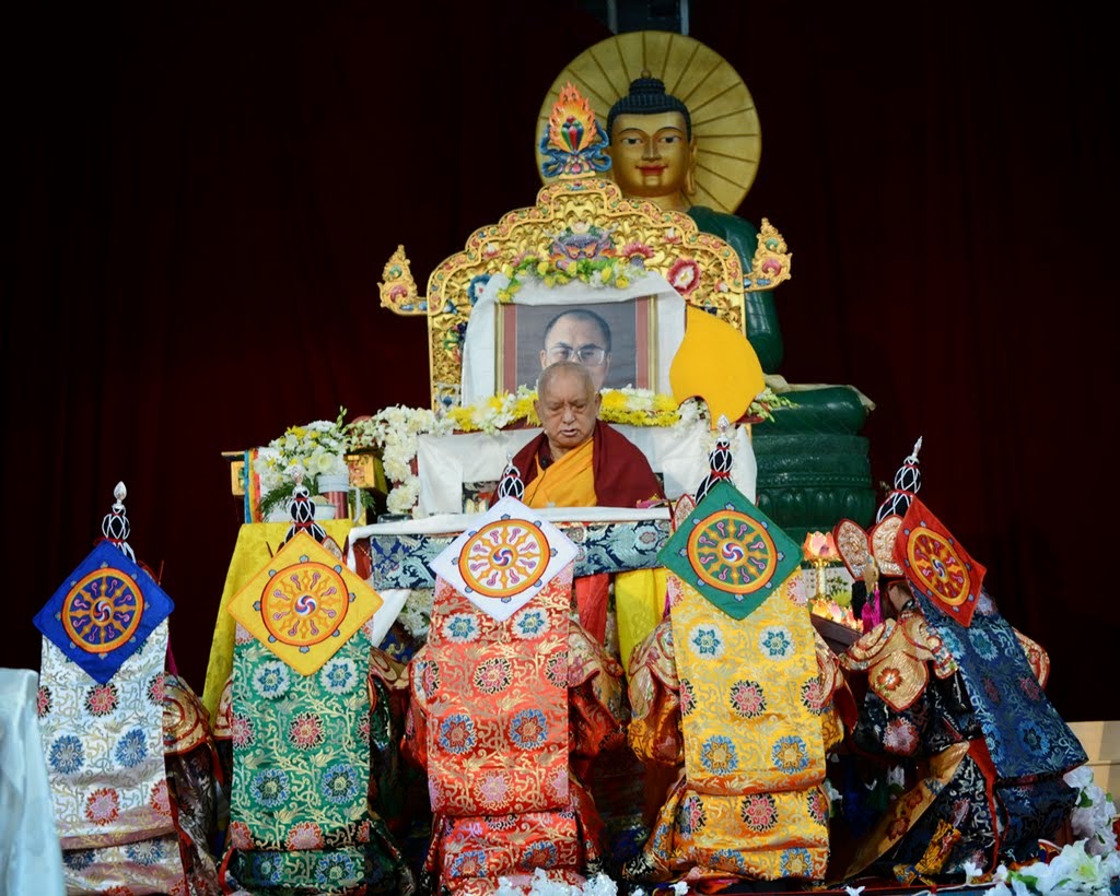 Lama Zopa Rinopche and the five dakinis during the long life puja offered during CPMT 2014, Australia, September 2014. Photo by Kunchok Gyaltsen.