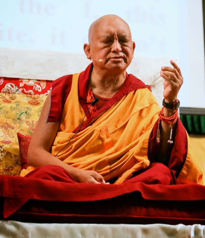 Lama Zopa Rinpoche teaching at Light of the Path retreat, Black Mountain, North Carolina, US, May 2014. Photo by Ven. Thubten Kunsang.