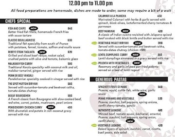 The Spot, Pondicherry menu 