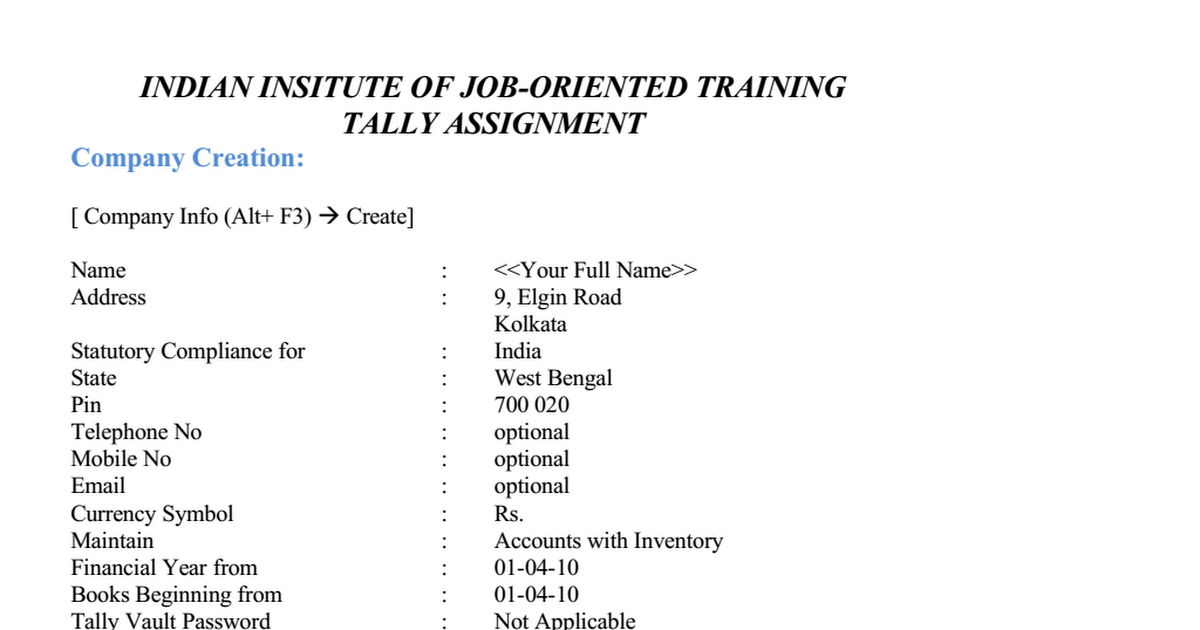 practical assignment of tally.erp 9 pdf