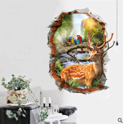 Three-dimensional 3D wall stickers, hole painting, landscape, deer, stickers, self-adhesive bedroom, sofa, wall