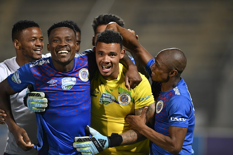 SuperSport United goalkeeper Ronwen Williams , Thamsanqa Gabuza with teammates during the Telkom Knockout 2019, Last 16 match between SuperSport United and Baroka FC at Lucas Moripe Stadium on October 19, 2019 in Pretoria, South Africa.