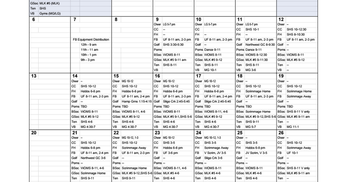 Athletics Practice Calendar Google Sheets