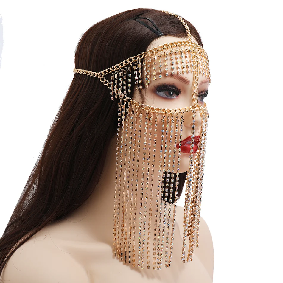Serre-tête punk à franges et strass, pour un look audacieux. Sublimez votre coiffure avec cette chaîne de tête originale et tendance. Accessoire de mode.