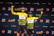 Team Toyota-Specialized-NinetyOne's Matthew Beers (left) and Howard Grotts of the US take the podium with the yellow jersey's after winning Saturday's stage 6 of the Absa Cape Epic at the finish at Coetzenburg Stadium in Stellenbosch.