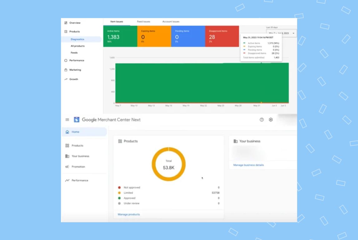 Image shows the differences in Insights between Google Merchant Center and the new Google Merchant Center next 