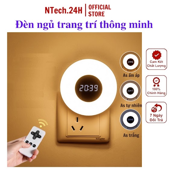 Đèn Ngủ Thông Minh Trang Trí Phòng Ngủ Có Đồng Hồ Điều Khiển Từ Xa, Đen Ngu Treo Tuong Đen Phong Ngu 3 Màu Sáng