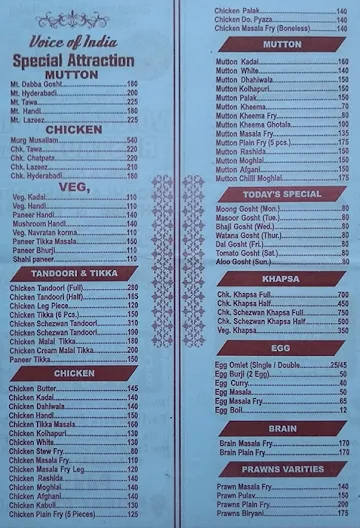 Voice Of India Restaurant menu 