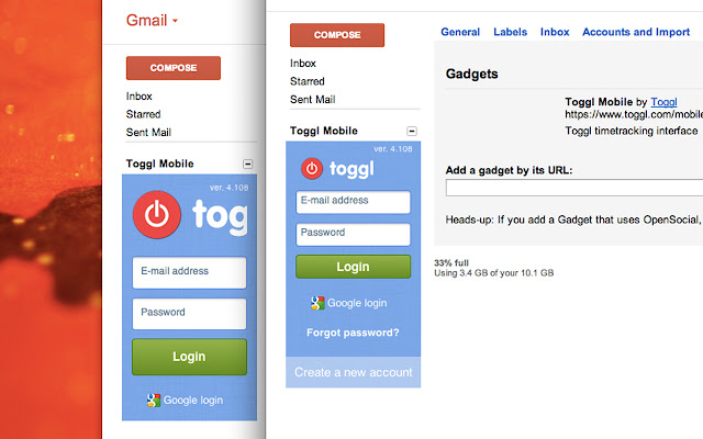 Toggl Timer Skin for Gmail chrome extension