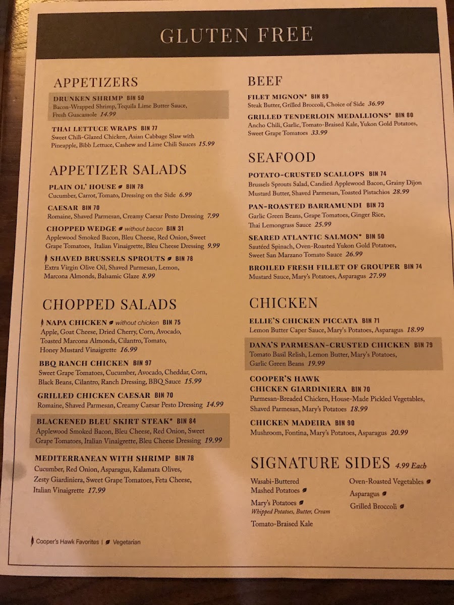 Cooper's Hawk gluten-free menu