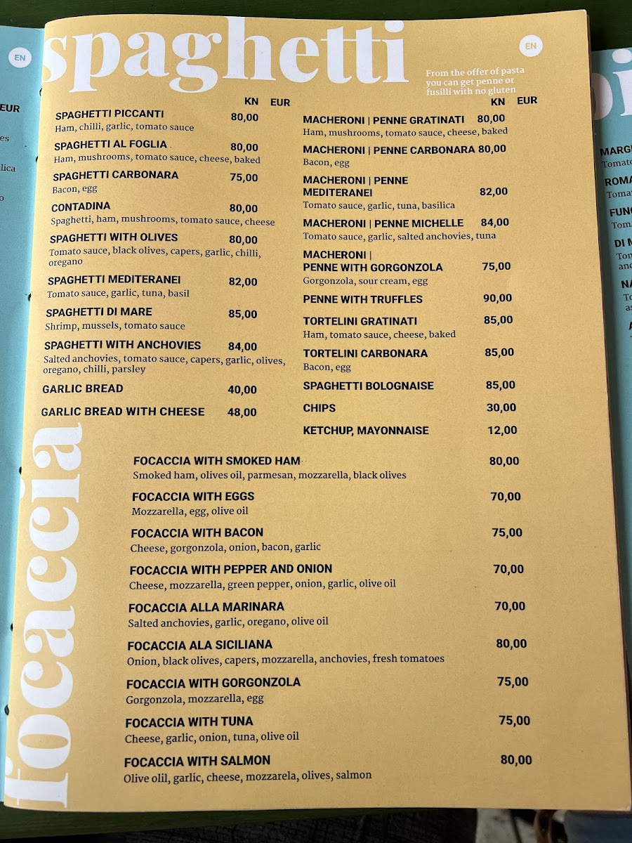 Pasta Menu