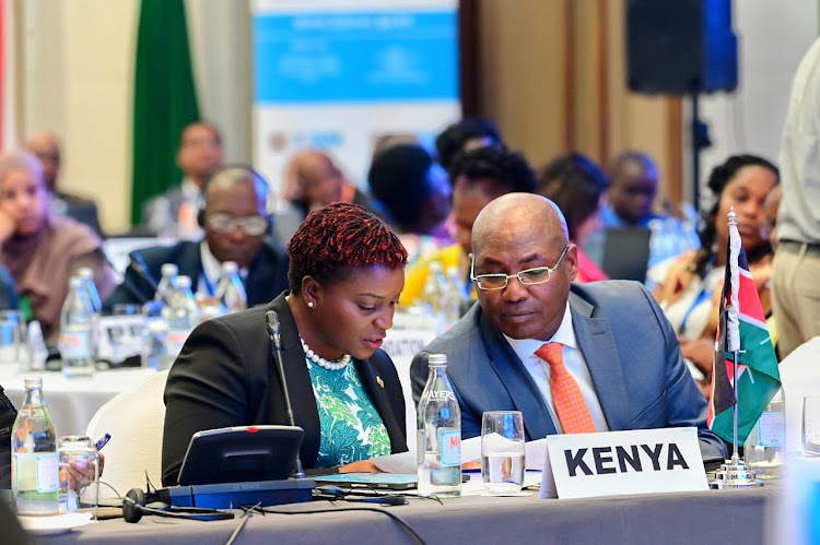 Health Cabinet Susan Nakhumicha and PS of medical services Harry Kimtai during the launch of the Health emergency preparedness response and resilience programme for Eastern and Southern Africa on May 15, 2024 in Nairobi