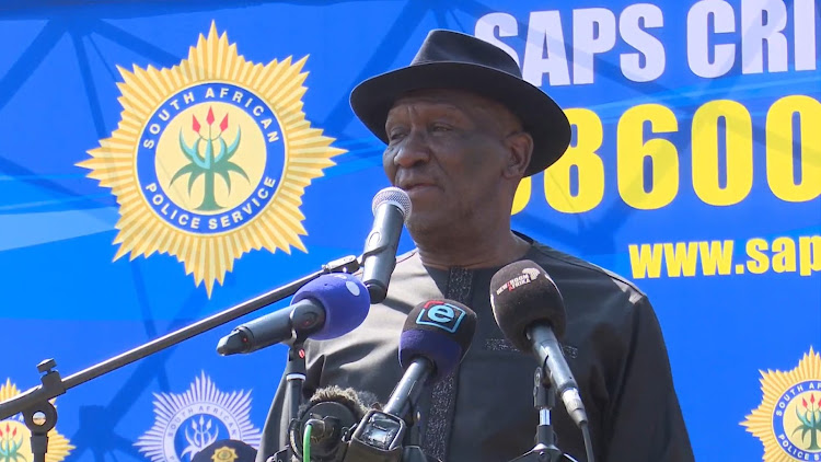 Police minister Bheki Cele addressed law enforcement agencies in Sandton on Monday before the Brics summit. Picture: TWIITER/@SAPOLICESERVICE.