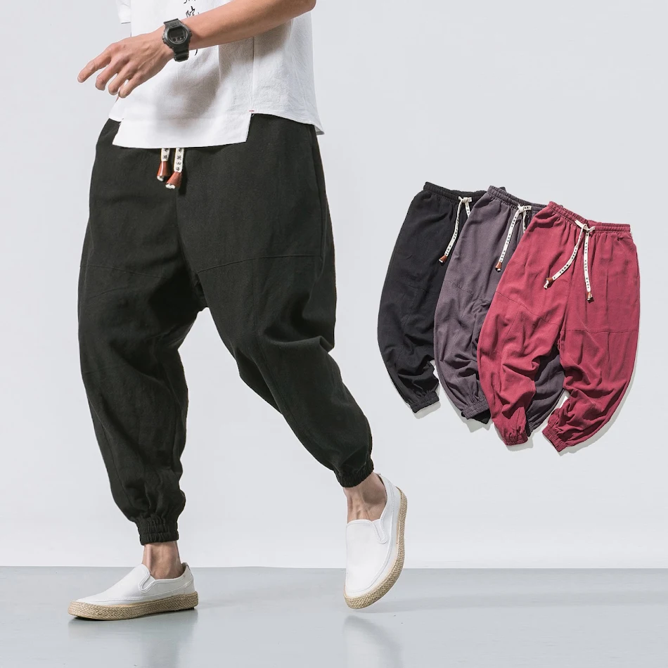 Pantalon décontracté japonais ample pour homme en coton et lin de couleur unie. Confort et style décontracté pour un look quotidien facile à porter