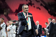 Maurizio Sarri, manager of Juventus FC, celebrates with the team after the Serie A match between Juventus and AS Roma at Allianz Stadium on August 1, 2020 in Turin, Italy. 