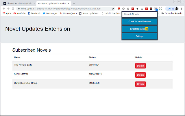 Novel Updates Tracker chrome extension