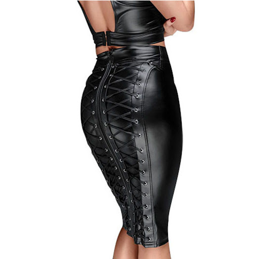 Title 1, High-waisted PU patent leather hip skirt sculpt...