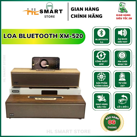 Loa Bluetooth Xm - 520 20W Vỏ Gỗ.âm Bass Cực Mạnh, Chơi Nhạc Liên Tục 5H, [Bh: 6 Tháng, Lỗi 1 Đổi 1]