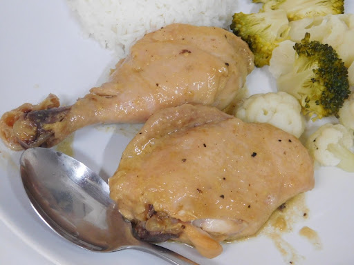 Slow Cooker Honey Mustard Chicken served with rice, broccoli, and cauliflower. 