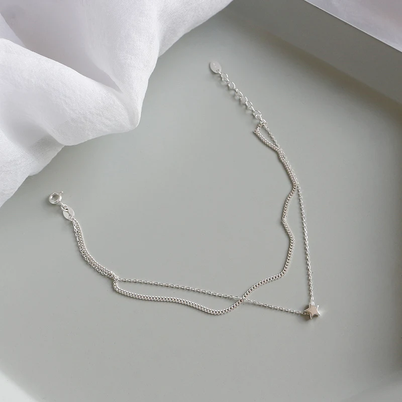 Tobillera de estrella de cinco puntas con cadena de doble capa minimalista de plata esterlina de estilo coreano