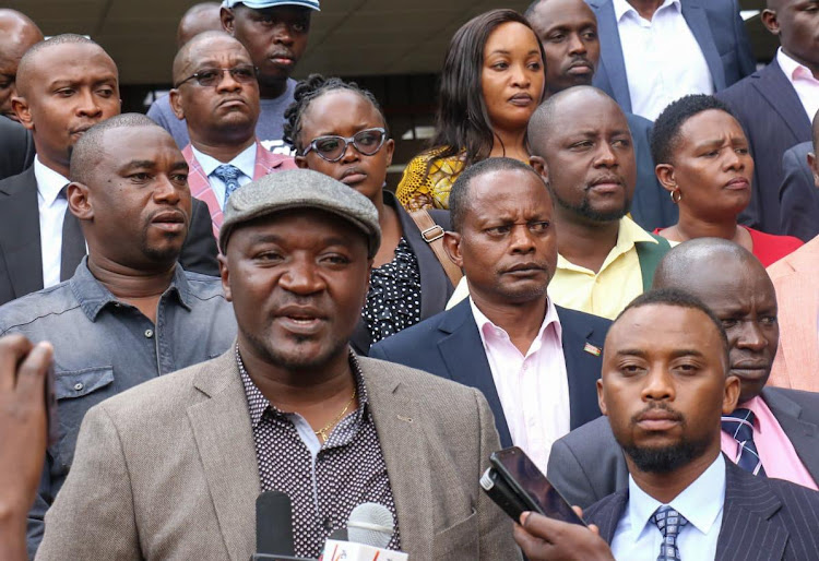 Nairobi UDA allied MCAs led by Minority Leader Antony Kiragu addressing the media at the county assembly on December 23, 2022