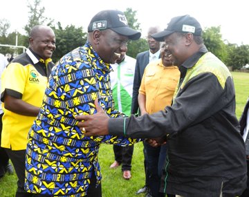 ANC party leader Musalia Mudavadi welcomes DP William Ruto in Vihiga ahead of a stakeholder economic forum on April 21, 2022.