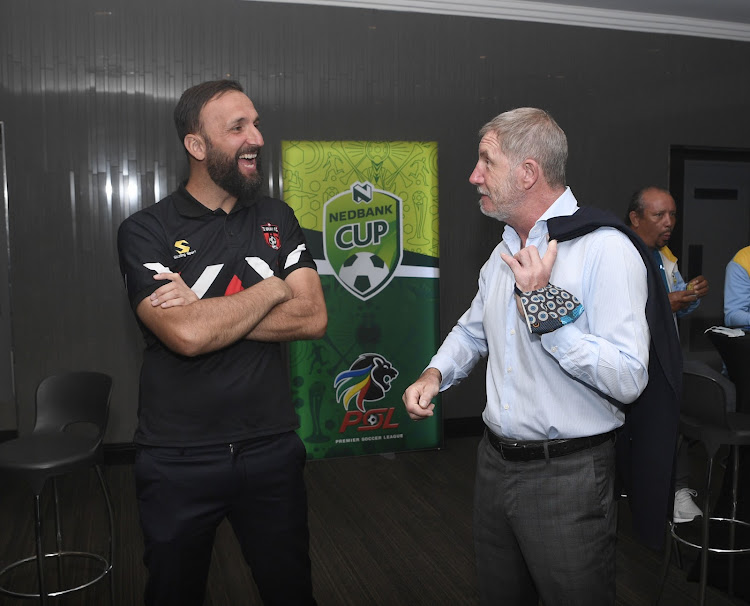 TS Galaxy coach Sead Ramovic shares a light moment with veteran Kaizer Chiefs mentor Stuart Baxter during a Nedbank Cup event in Johannesburg on February 1 2022.