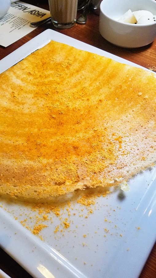 Dinner at Tiffin Asha, Cheese Dosa, crispy dosa with creamy white cheddar, served with sambar & chutney, pickle or powder and you can add a dusting of gun powder of your choice