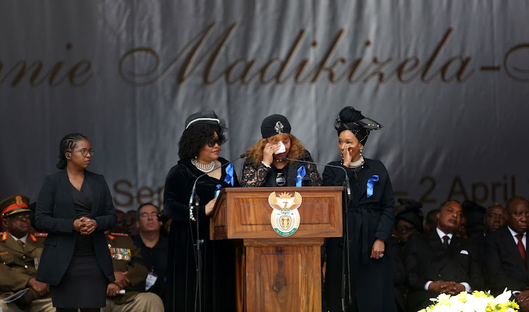 Zenani Mandela, Nelson Mandela's daughter, reacts at the Orlando stadium during the funeral of Winnie Madikizela-Mandela on April 14, 2018.