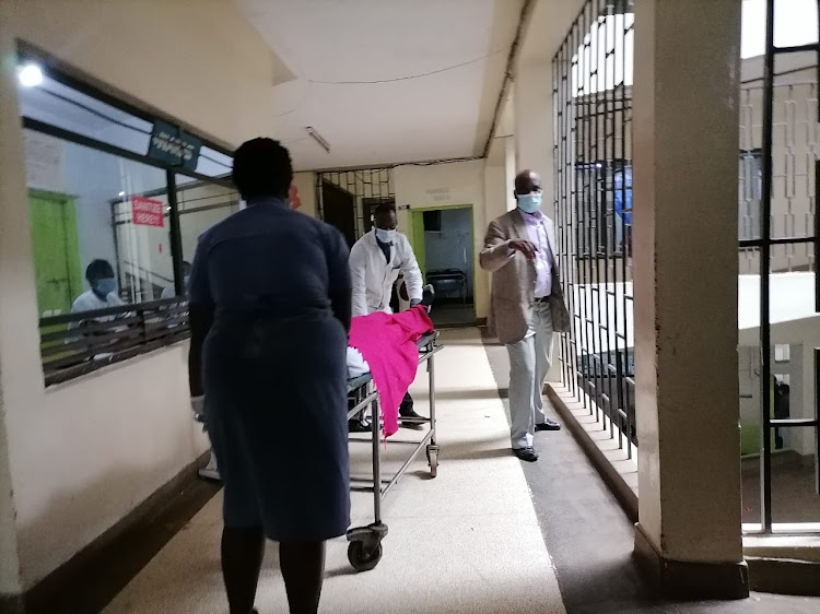 One of the injured teachers being wheeled for treatment at Ram Hospital in Kisii County on January 12, 2021.