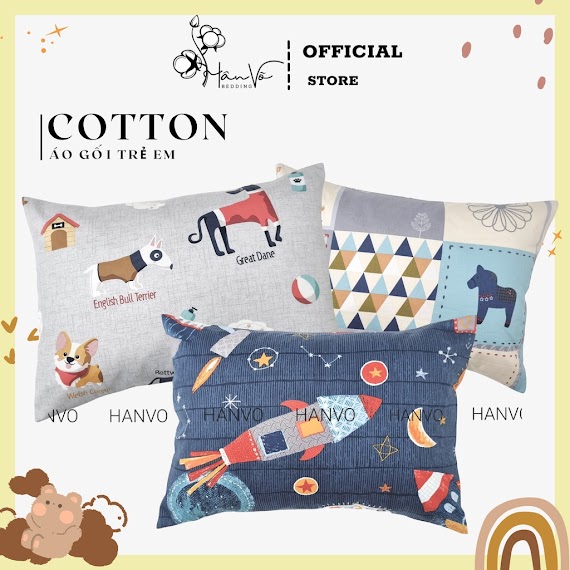 Vỏ Gối Nằm Gối Ôm Trẻ Em Cotton Cao Cấp Hân Võ 35X50 25X70 Họa Tiết, An Toàn Cho Da Bé