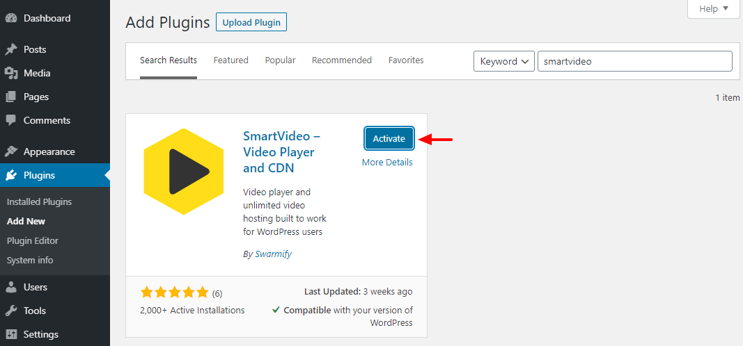 ativando o plugin wordpress smartvideo