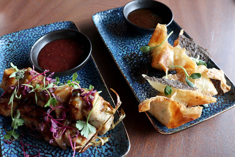 Pork belly skewers and crab Rangoon.