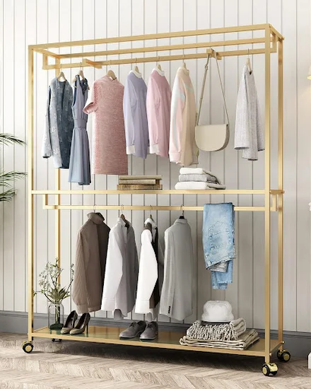 Large Wardrobe Closet Home Furniture Gold Garment Rack fo... - 0