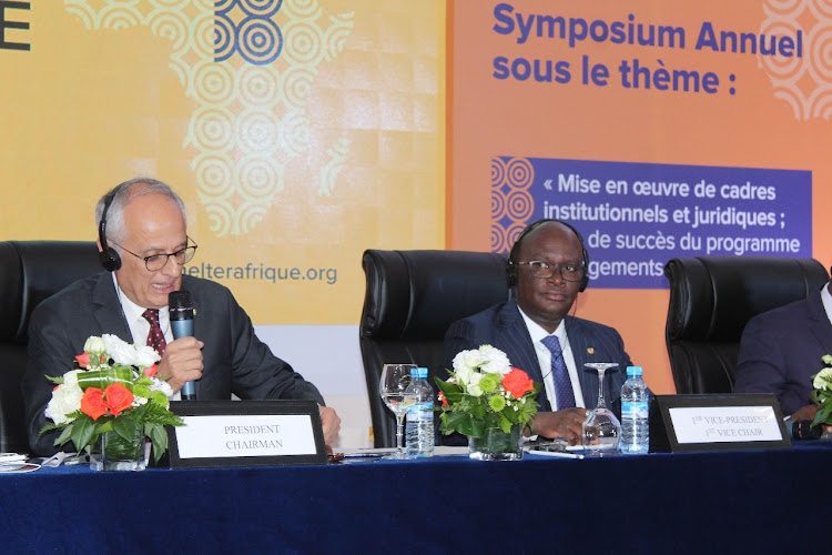 Moroccan National Planning, Urban Planning and Housing minister Abdelahad Fassi Fihri and Kenyan counterpart James Macharia at the 38th AGM of Shelter Afrique in Morocco