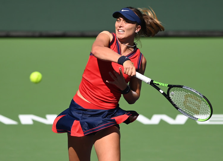 Paula Badosa (ESP) on her way to defeating Victoria Azarenka (BLR) in the women's final of the BNP Paribas Open at the Indian Wells Tennis Garden on Oct 17, 2021