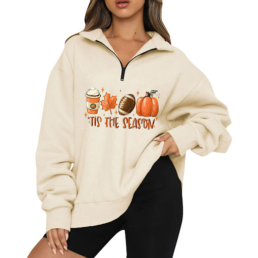 Title 19, Halloween Pumpkin Print Casual Zipper Sweatshir...