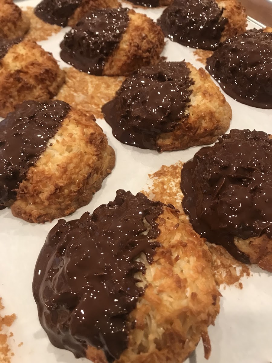 Coconut Macaroon dipped in dark chocolate, (gf).